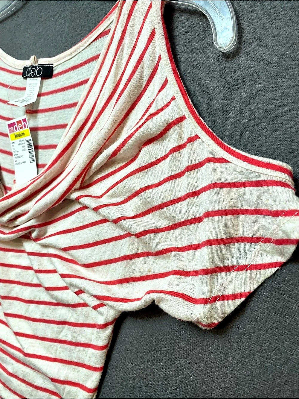 deb Striped Cowl Neck Rayon Tee in Red & Cream Size Medium NWT - Picture 6 of 8